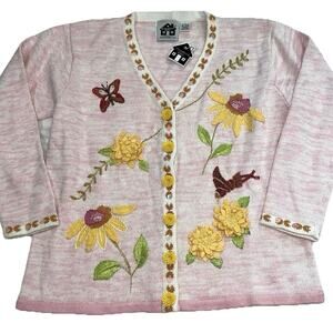 Storybook Knits Cardigan Size L Pink Embroidered Tropical Paradise Floral NWT